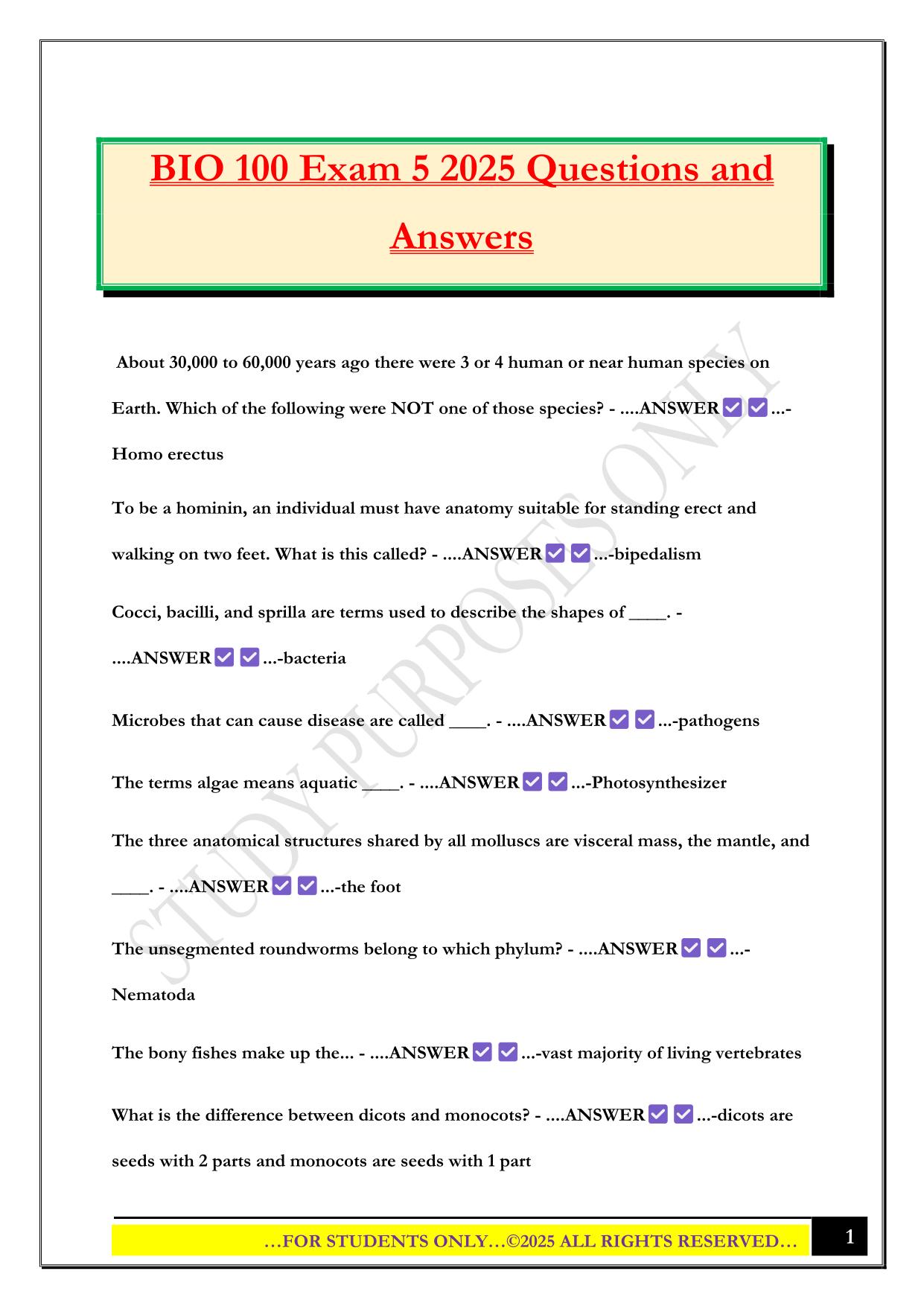 BIO 100 Exam 5 2025 Questions and Answers