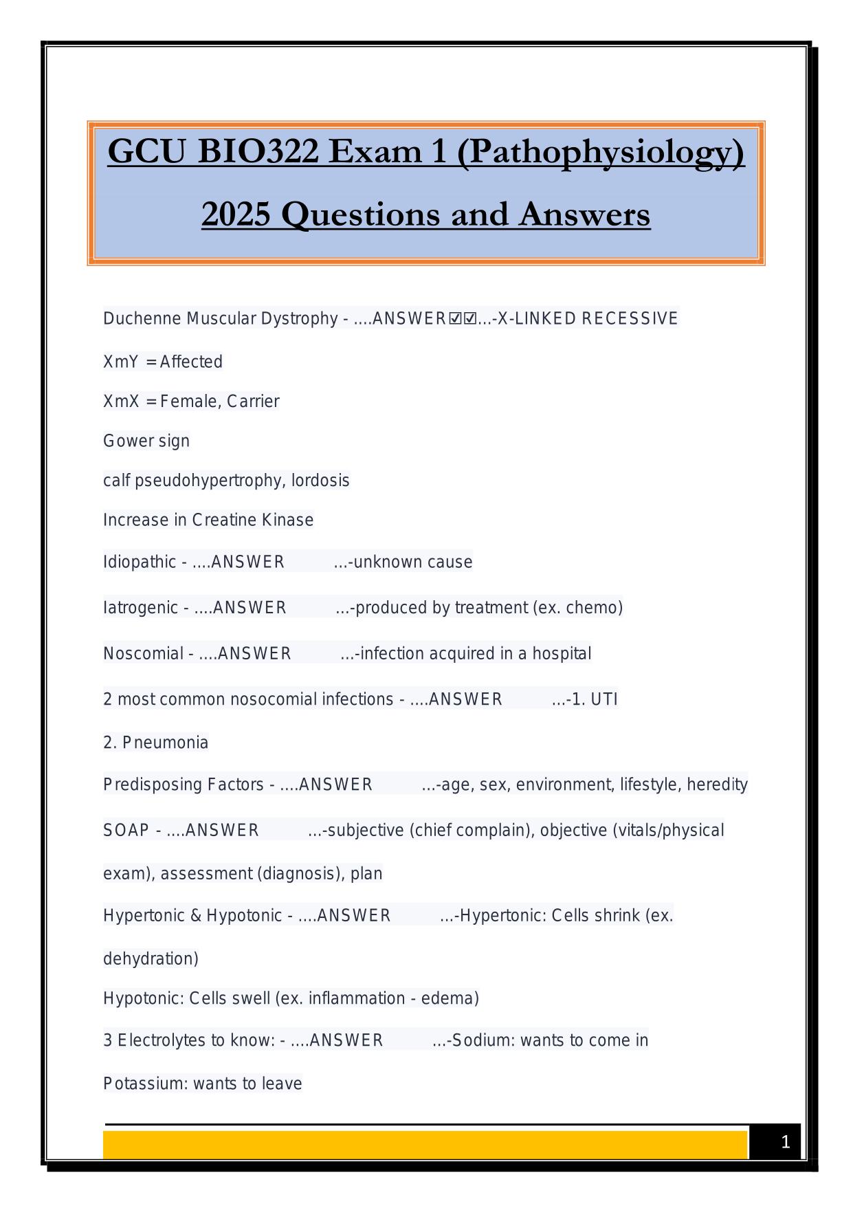 GCU BIO322 Exam 1 (Pathophysiology) 2025 Questions and Answers