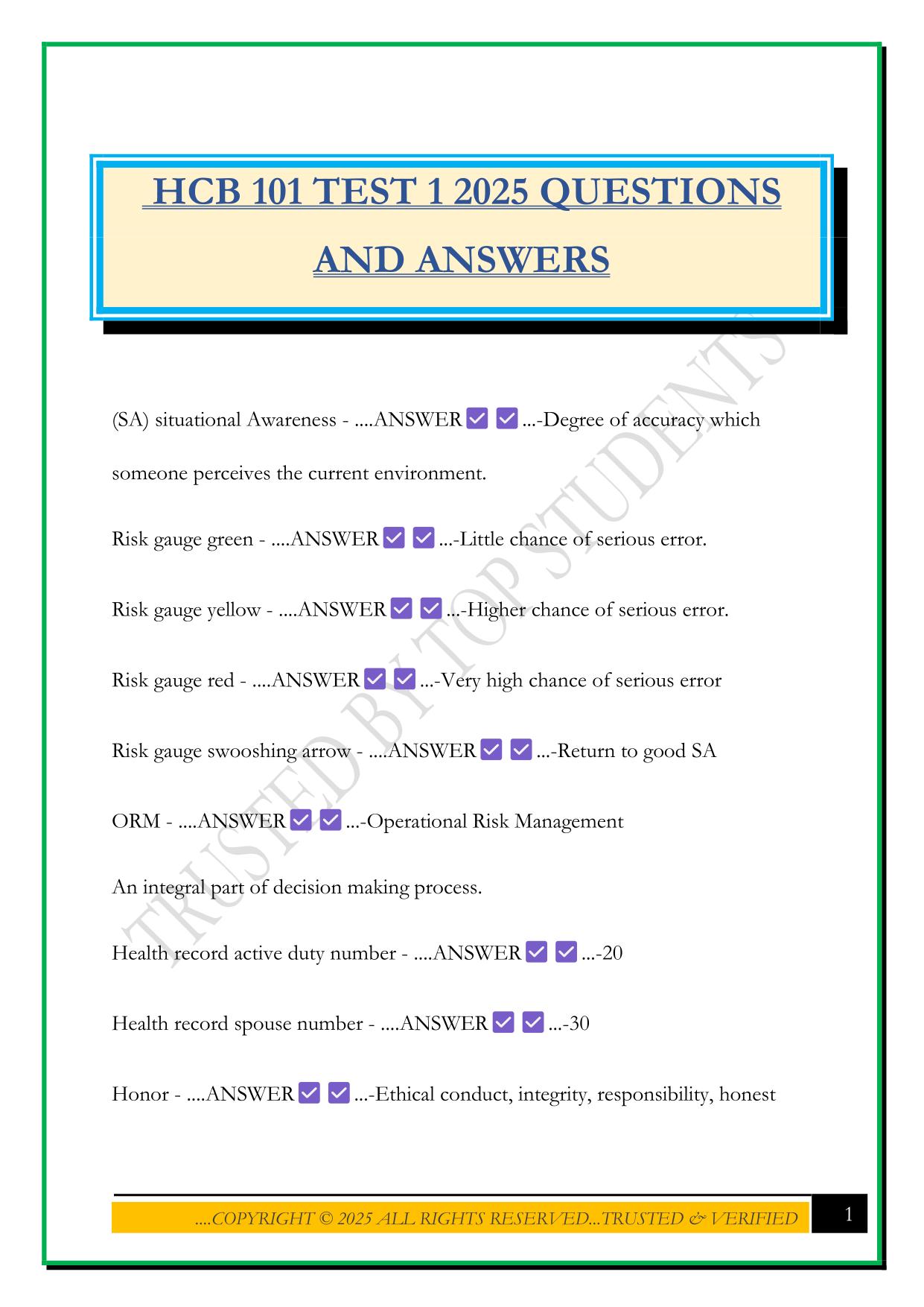 HCB 101 TEST 1 2025 QUESTIONS AND ANSWERS