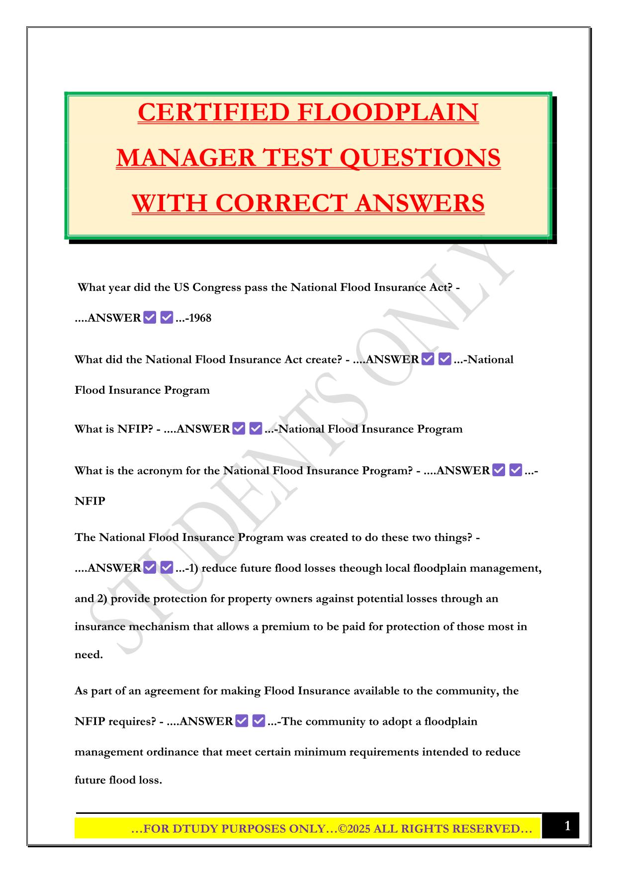 CERTIFIED FLOODPLAIN MANAGER TEST QUESTIONS WITH CORRECT ANSWERS