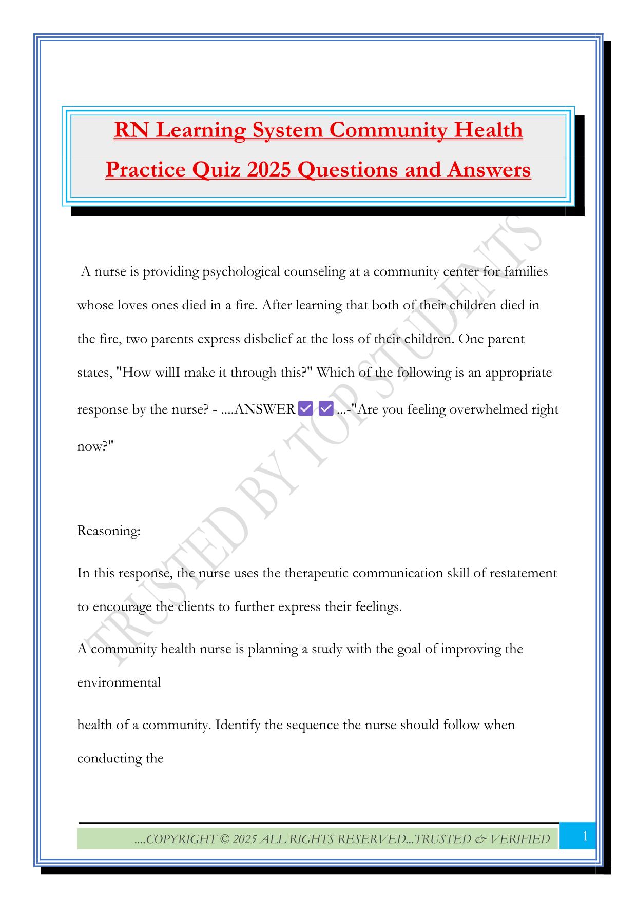 RN Learning System Community Health Practice Quiz 2025 Questions and Answers