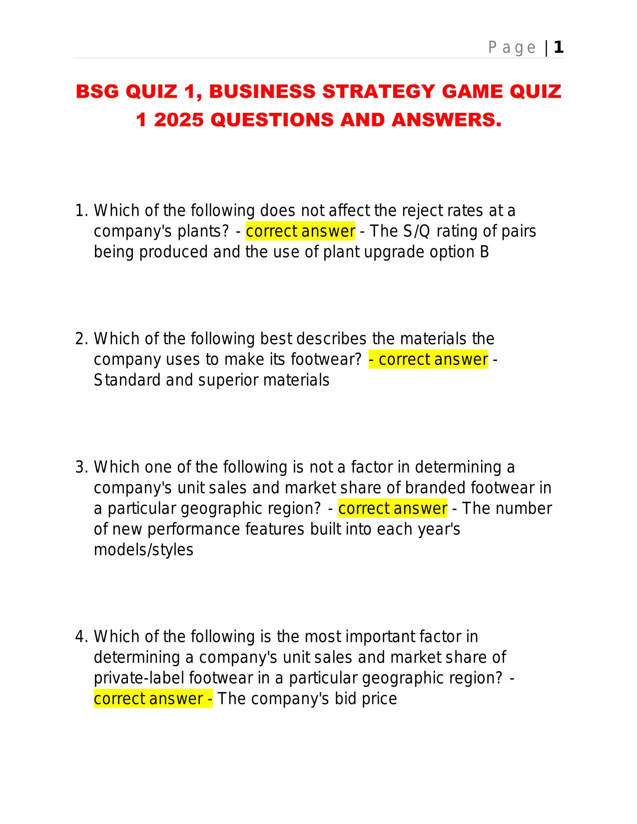 BSG QUIZ 1, BUSINESS STRATEGY GAME QUIZ 1 2025 QUESTIONS AND ANSWERS.