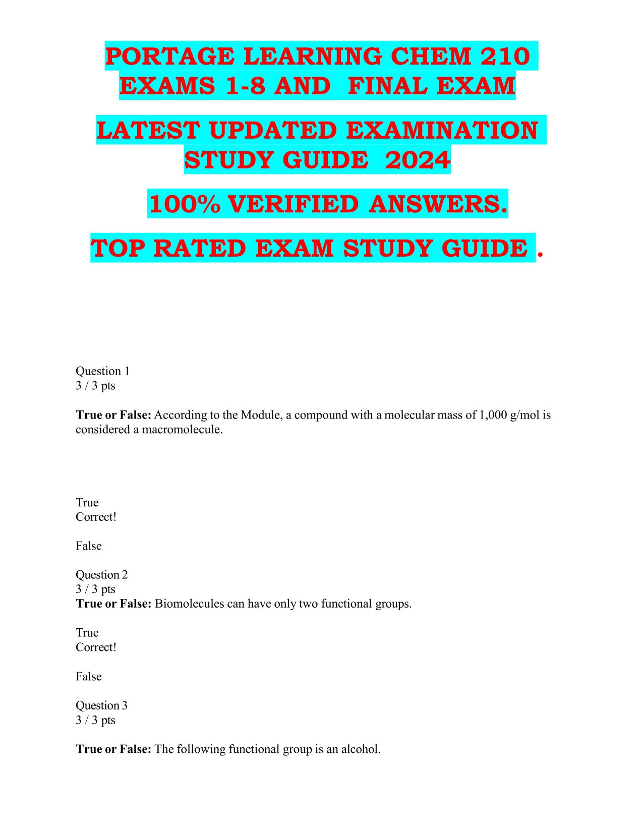 PORTAGE LEARNING CHEM 210 EXAMS 1-8 AND FINAL EXAM LATEST UPDATED EXAMINATION STUDY GUIDE 2024 100% VERIFIED ANSWERS. TOP RATED EXAM STUDY GUIDE