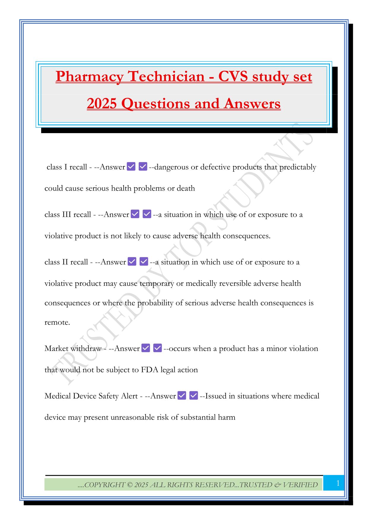 Pharmacy Technician - CVS study set 2025 Questions and Answers
