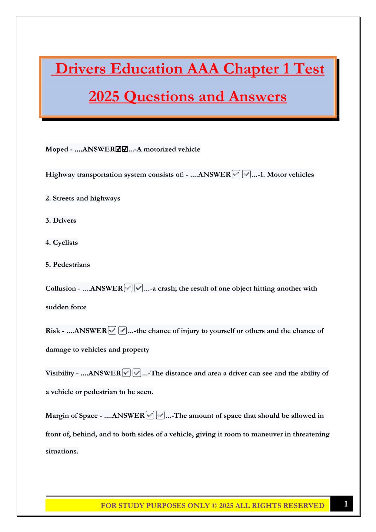 Drivers Education AAA Chapter 1 Test 2025 Questions and Answers