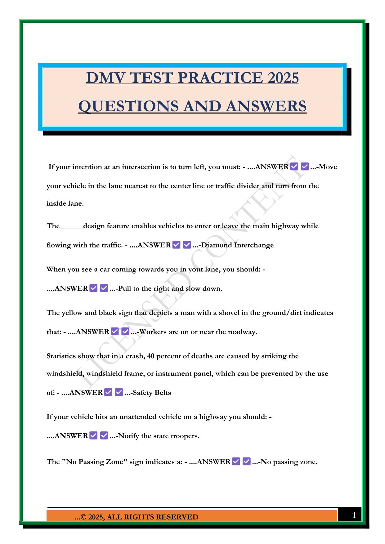 DMV TEST PRACTICE 2025 QUESTIONS AND ANSWERS
