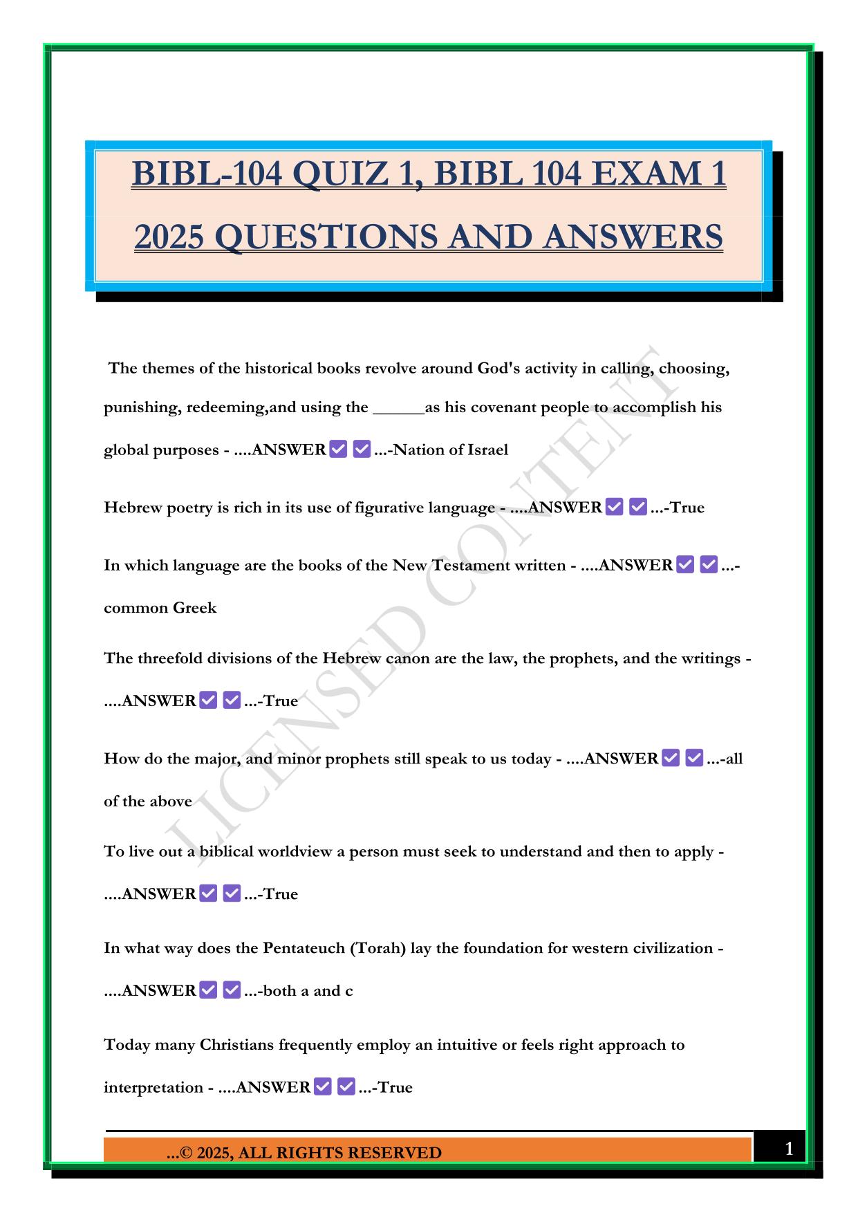 BIBL-104 QUIZ 1, BIBL 104 EXAM 1 2025 QUESTIONS AND ANSWERS