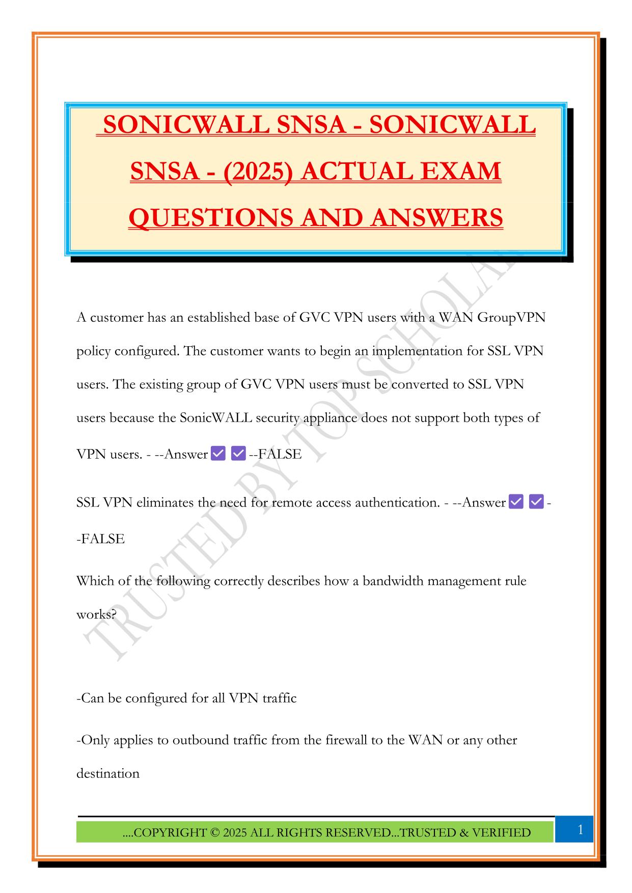 SONICWALL SNSA - SONICWALL SNSA - (2025) ACTUAL EXAM QUESTIONS AND ANSWERS