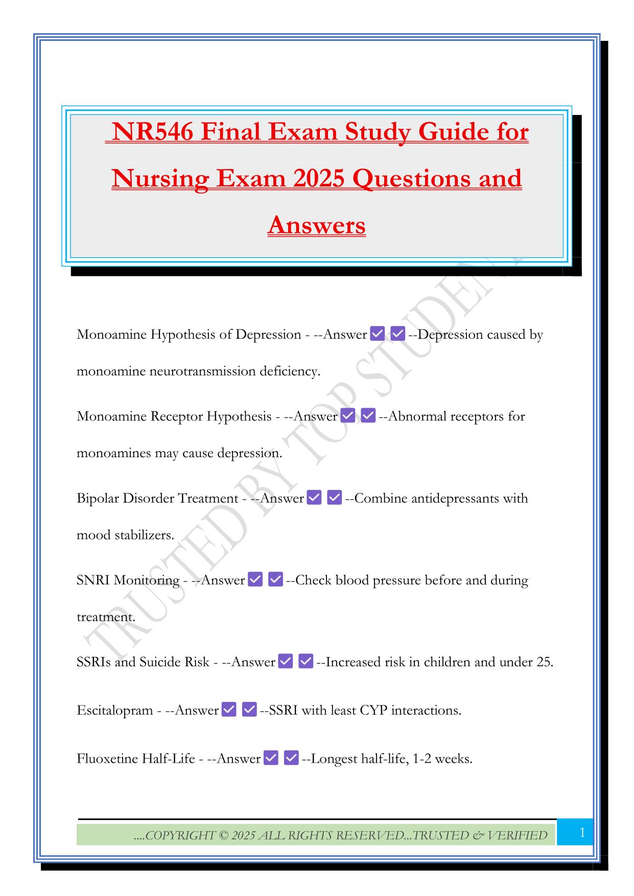 NR546 Final Exam Study Guide for Nursing Exam 2025 Questions and Answers