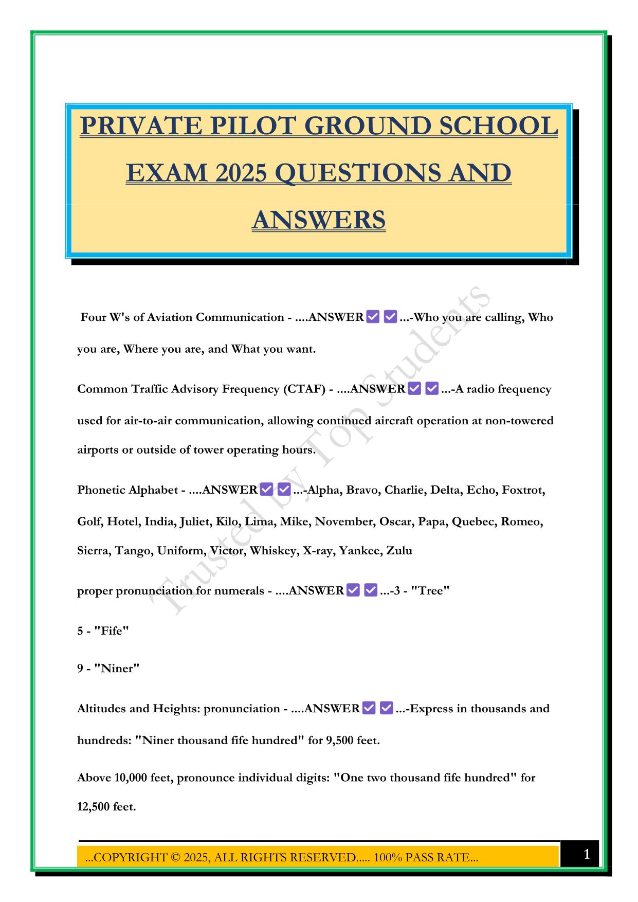 PRIVATE PILOT GROUND SCHOOL EXAM 2025 QUESTIONS AND ANSWERS