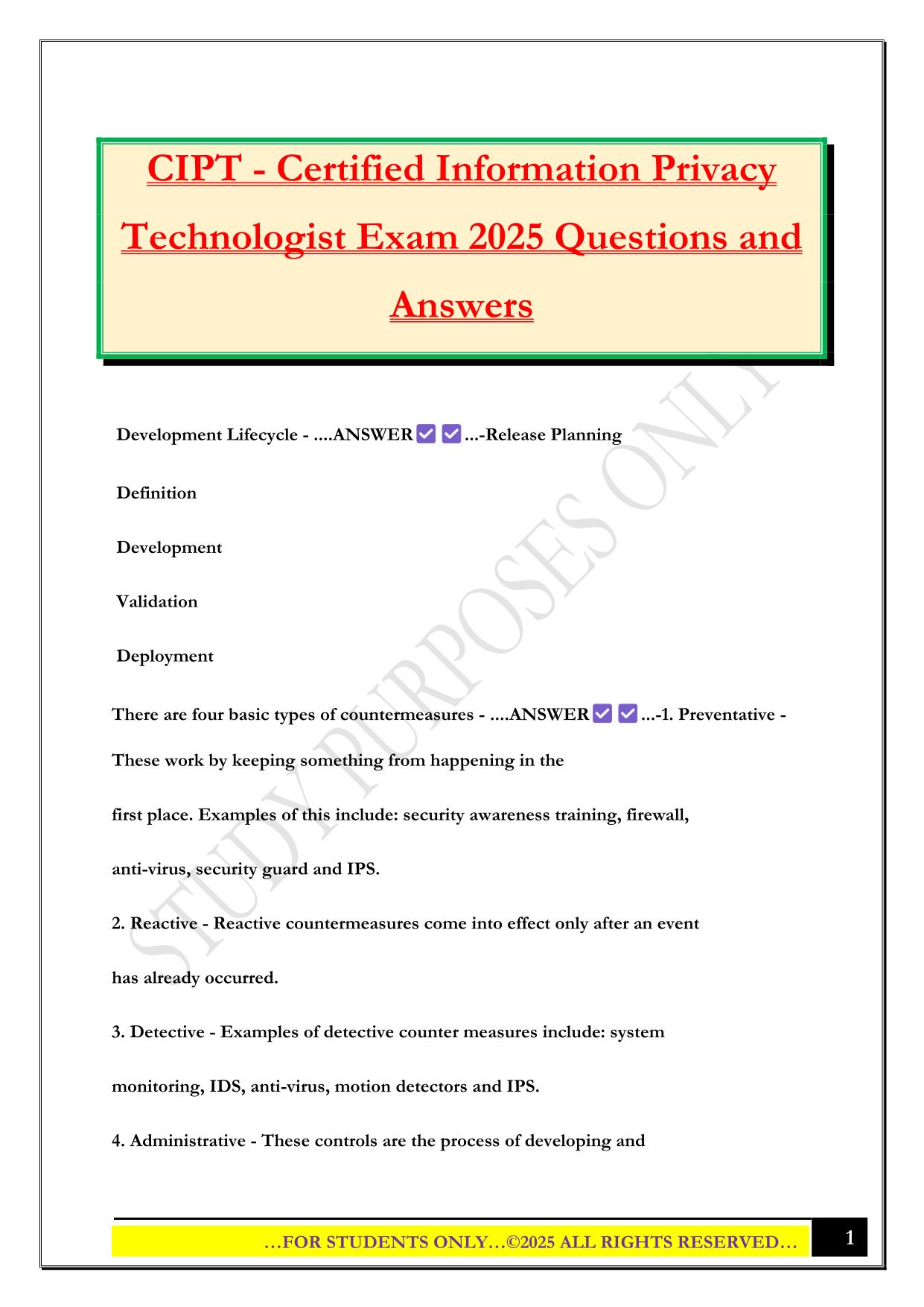 CIPT - Certified Information Privacy Technologist Exam 2025 Questions and Answers