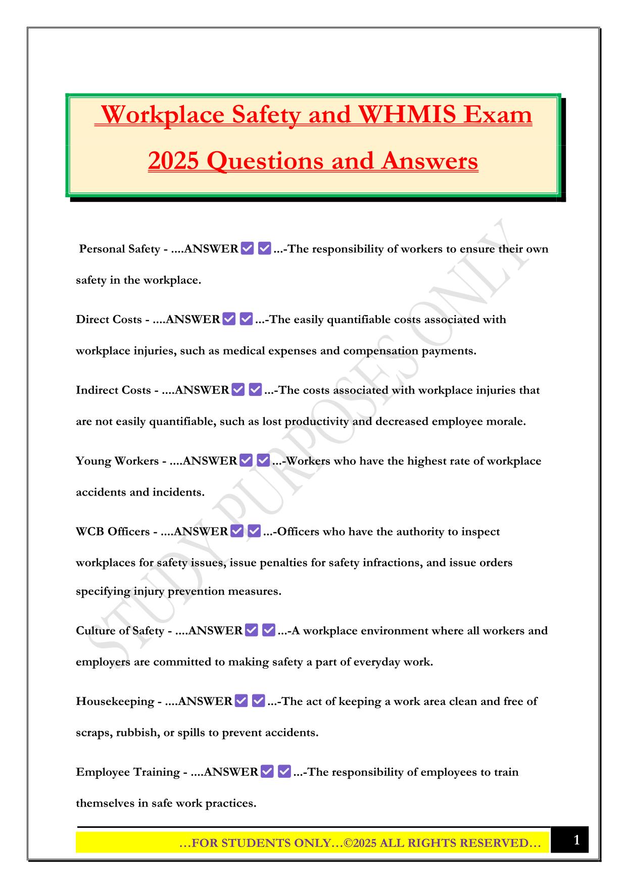 Workplace Safety and WHMIS Exam 2025 Questions and Answers
