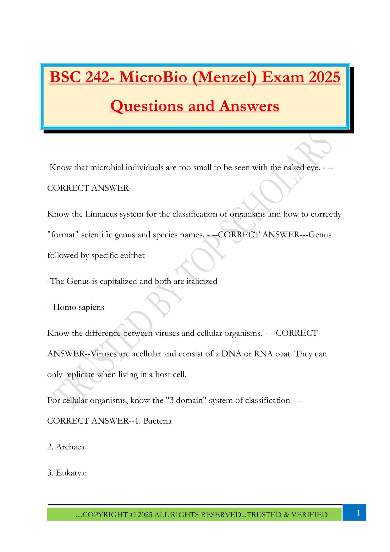 BSC 242- MicroBio (Menzel) Exam 2025 Questions and Answers