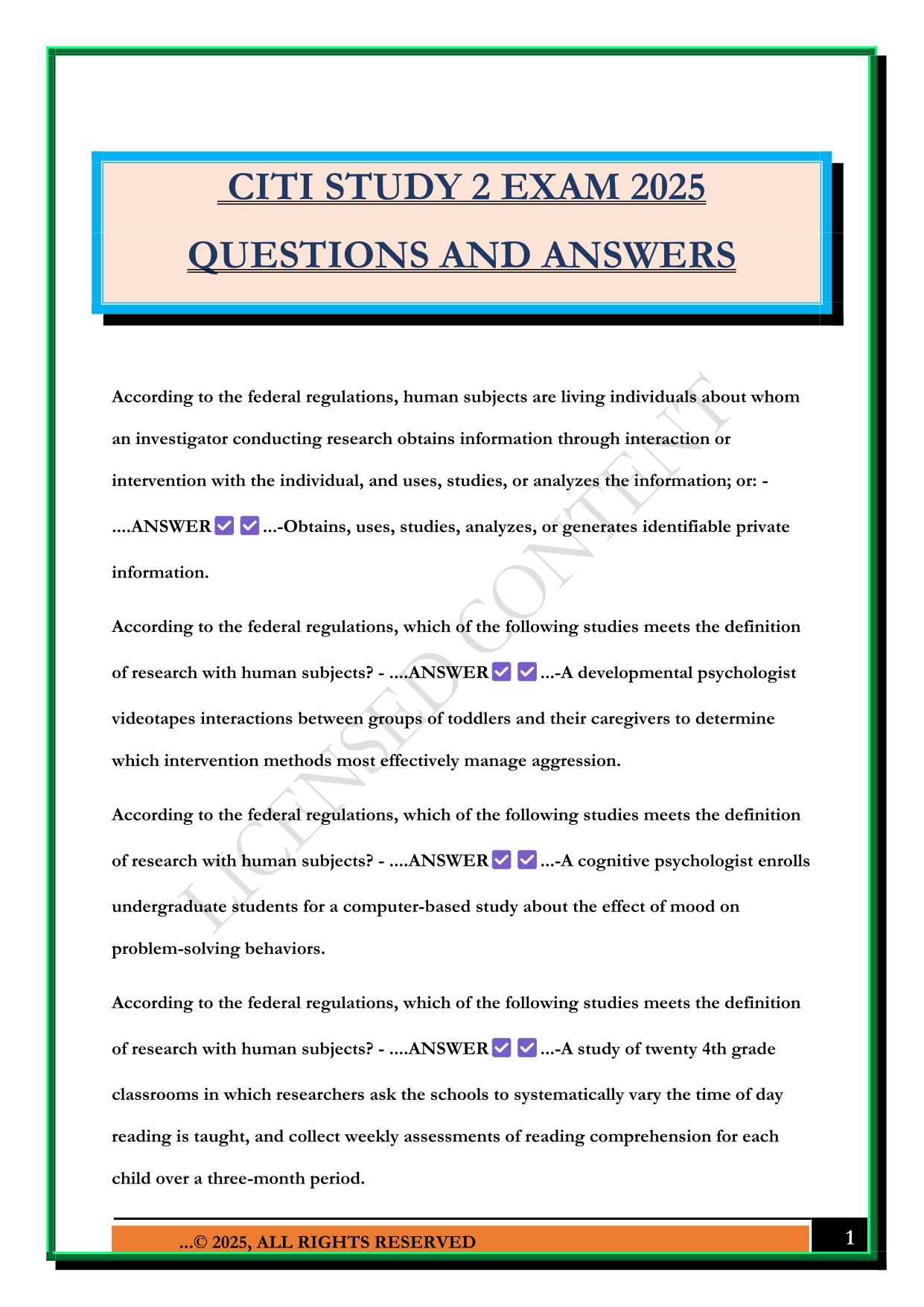 CITI STUDY 2 EXAM 2025 QUESTIONS AND ANSWERS