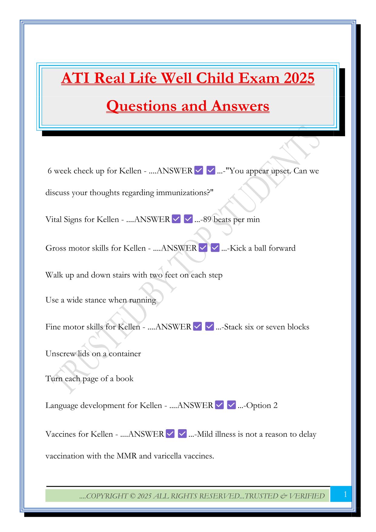 ATI Real Life Well Child Exam 2025 Questions and Answers