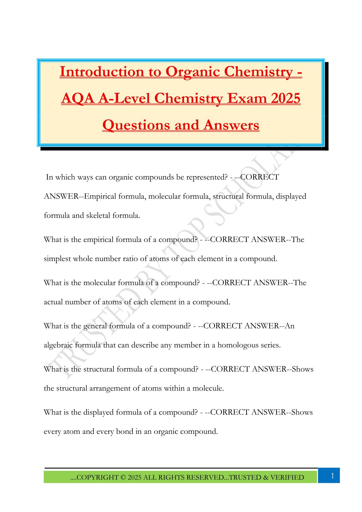 Introduction to Organic Chemistry - AQA A-Level Chemistry Exam 2025 Questions and Answers