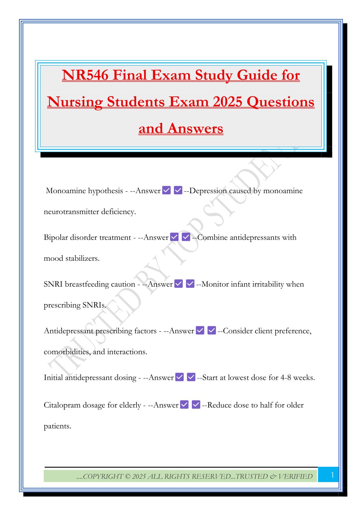 NR546 Final Exam Study Guide for Nursing Students Exam 2025 Questions and Answers