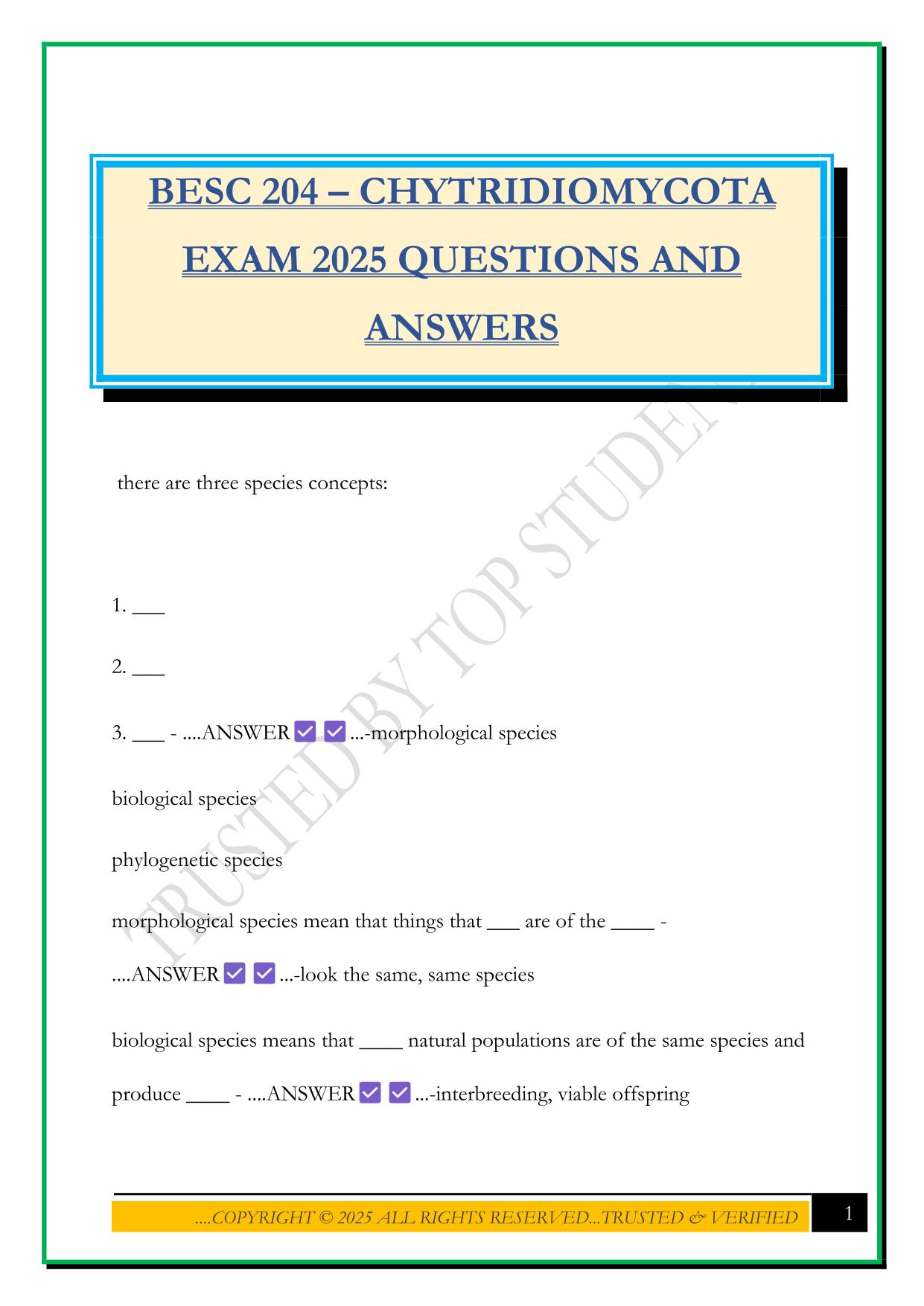 BESC 204 - SYMBIOTIC RELATIONSHIPS: FUNGI AND INSECTS EXAM 2025 QUESTIONS AND ANSWERS
