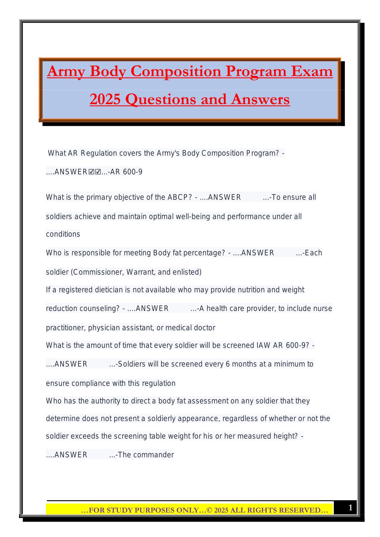 Army Body Composition Program Exam 2025 Questions and Answers