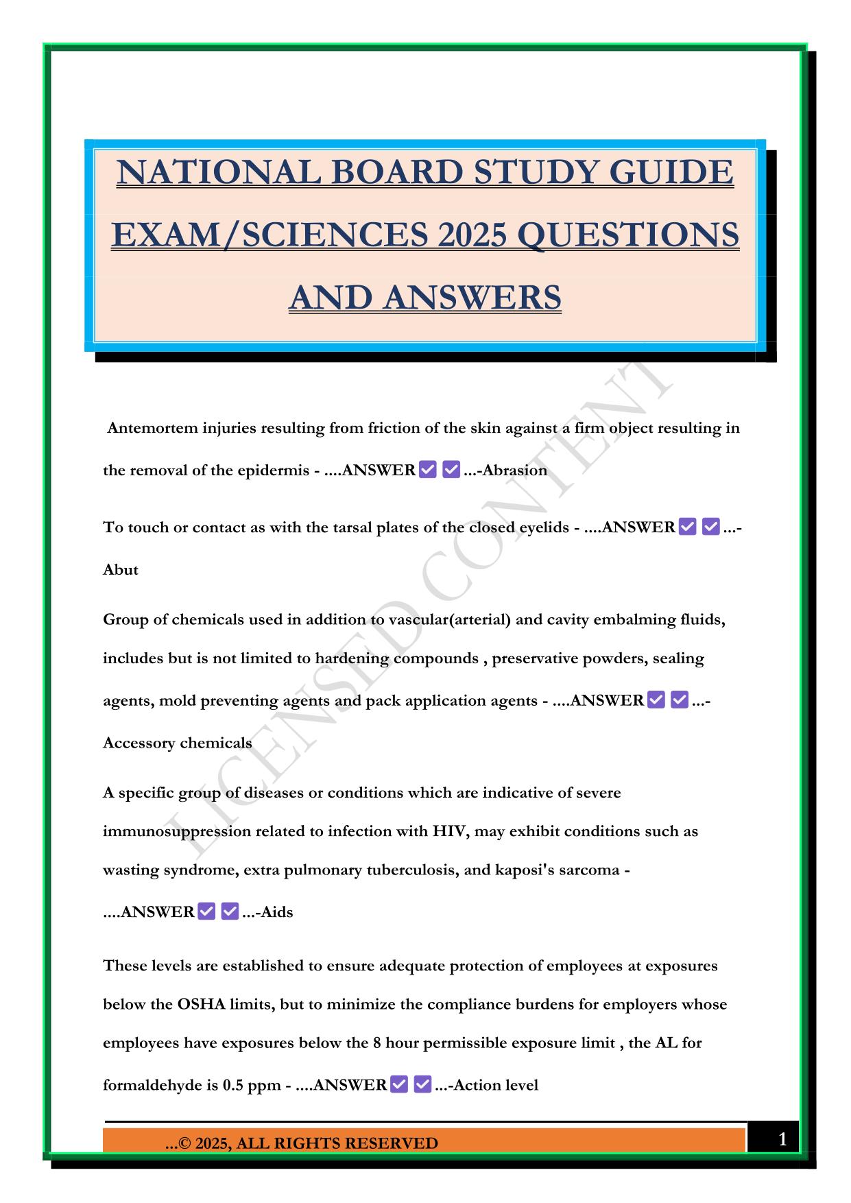 NATIONAL BOARD STUDY GUIDE EXAM/SCIENCES 2025 QUESTIONS AND ANSWERS