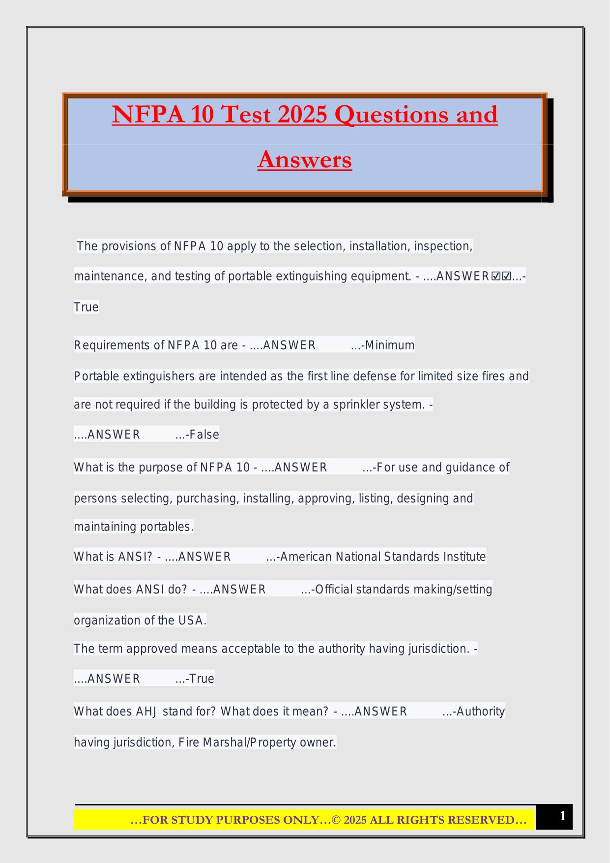 NFPA 10 Test 2025 Questions and Answers