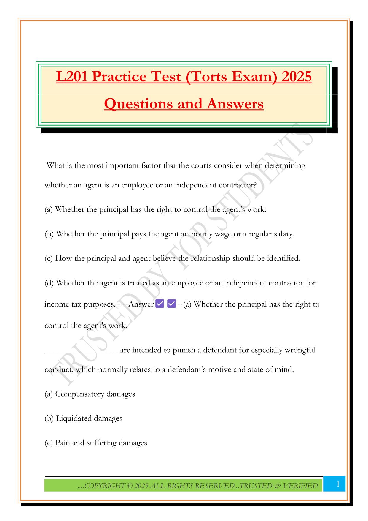 L201 Practice Test (Torts Exam) 2025 Questions and Answer