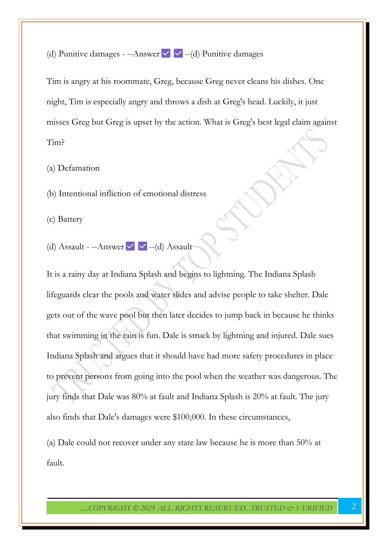 L201 Practice Test (Torts Exam) 2025 Questions and Answer