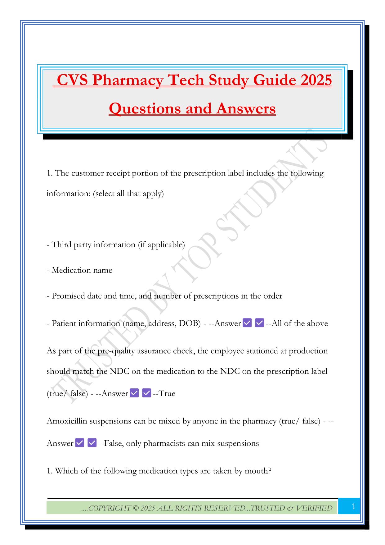 CVS Pharmacy Tech Study Guide 2025 Questions and Answers
