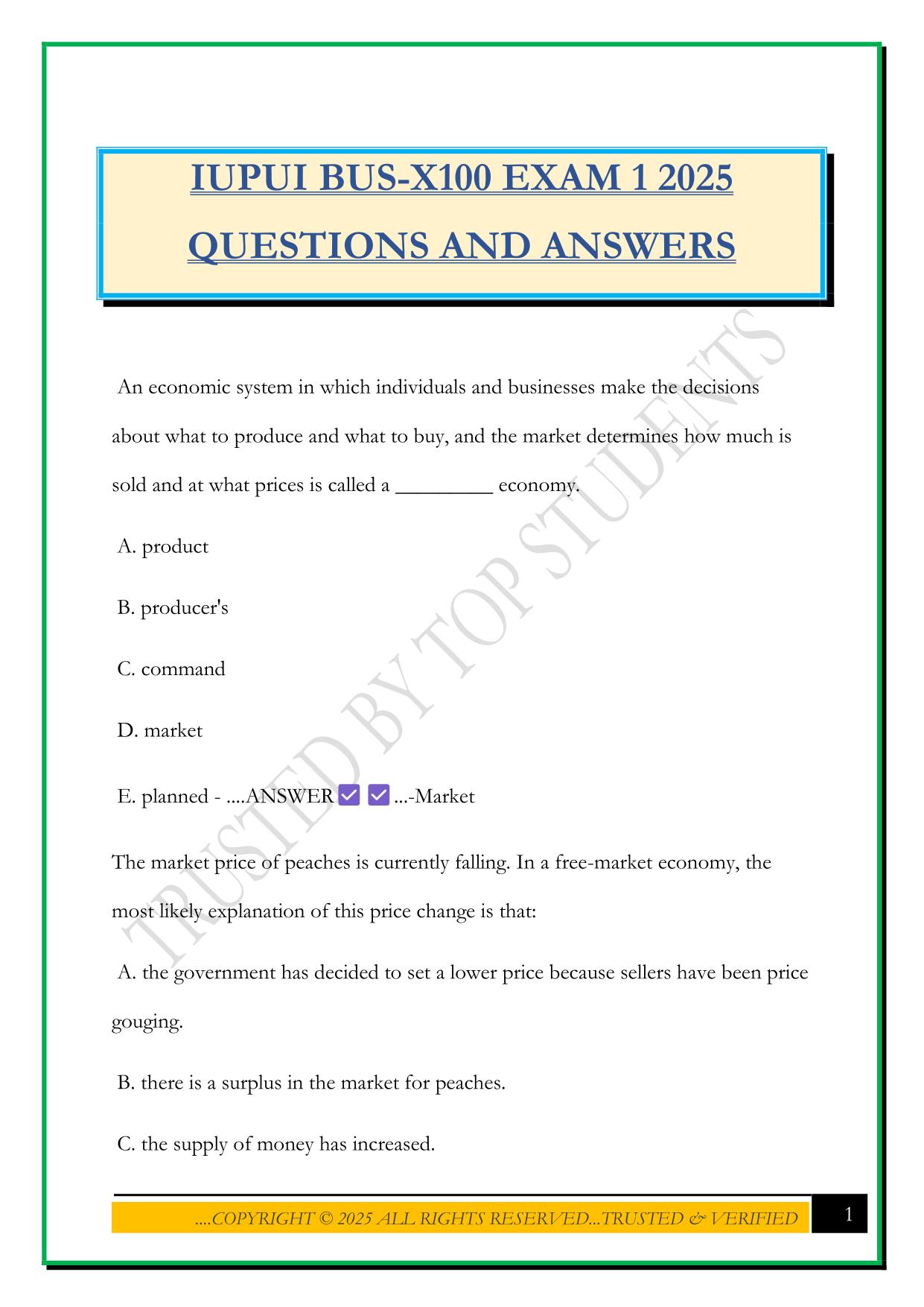 IUPUI BUS-X100 EXAM 1 2025 QUESTIONS AND ANSWERS