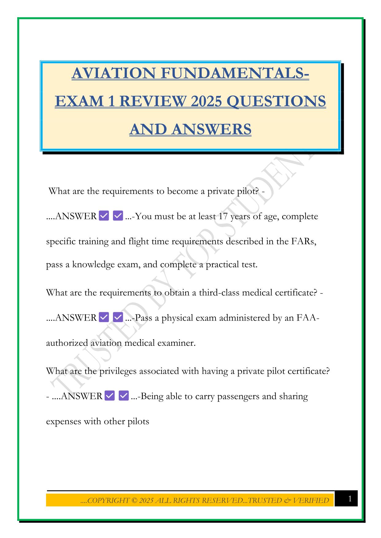 AVIATION FUNDAMENTALS- EXAM 1 REVIEW 2025 QUESTIONS AND ANSWERS