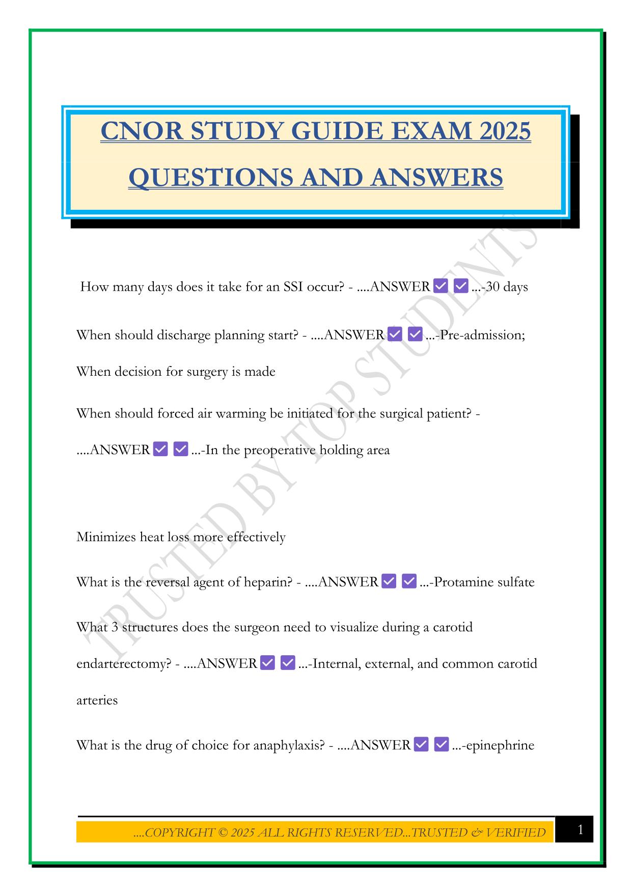 CNOR STUDY GUIDE EXAM 2025 QUESTIONS AND ANSWERS