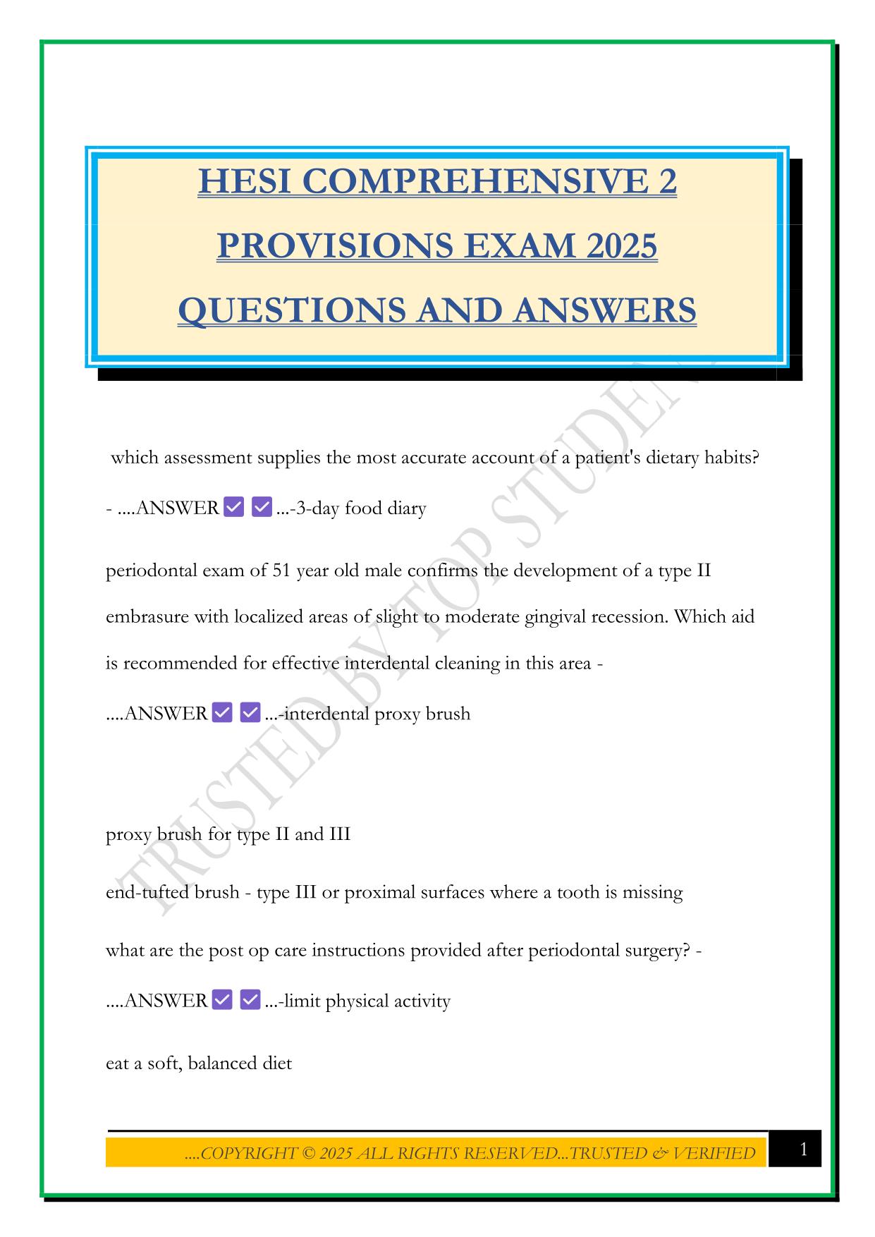 HESI COMPREHENSIVE 2 PROVISIONS EXAM 2025 QUESTIONS AND ANSWERS