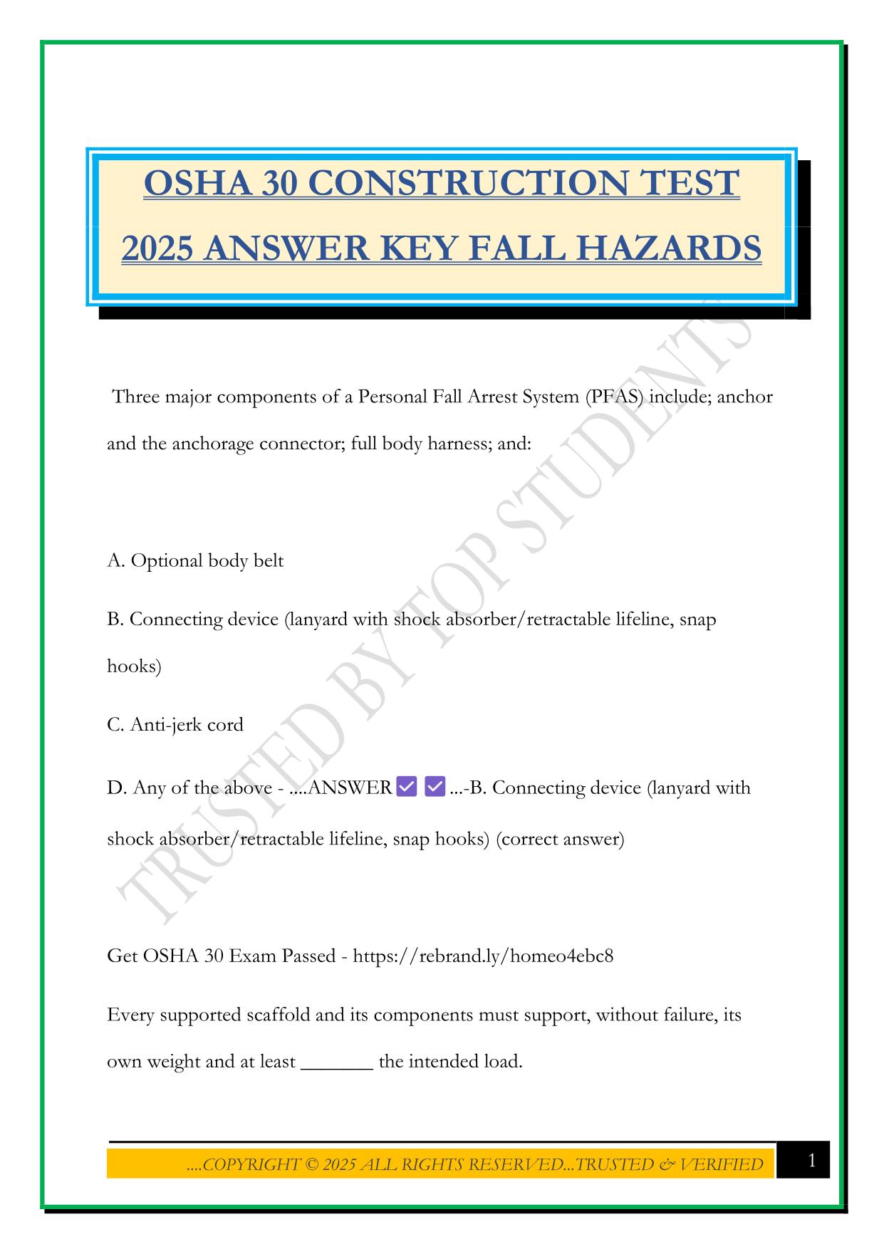 OSHA 30 CONSTRUCTION TEST 2025 ANSWER KEY FALL HAZARDS