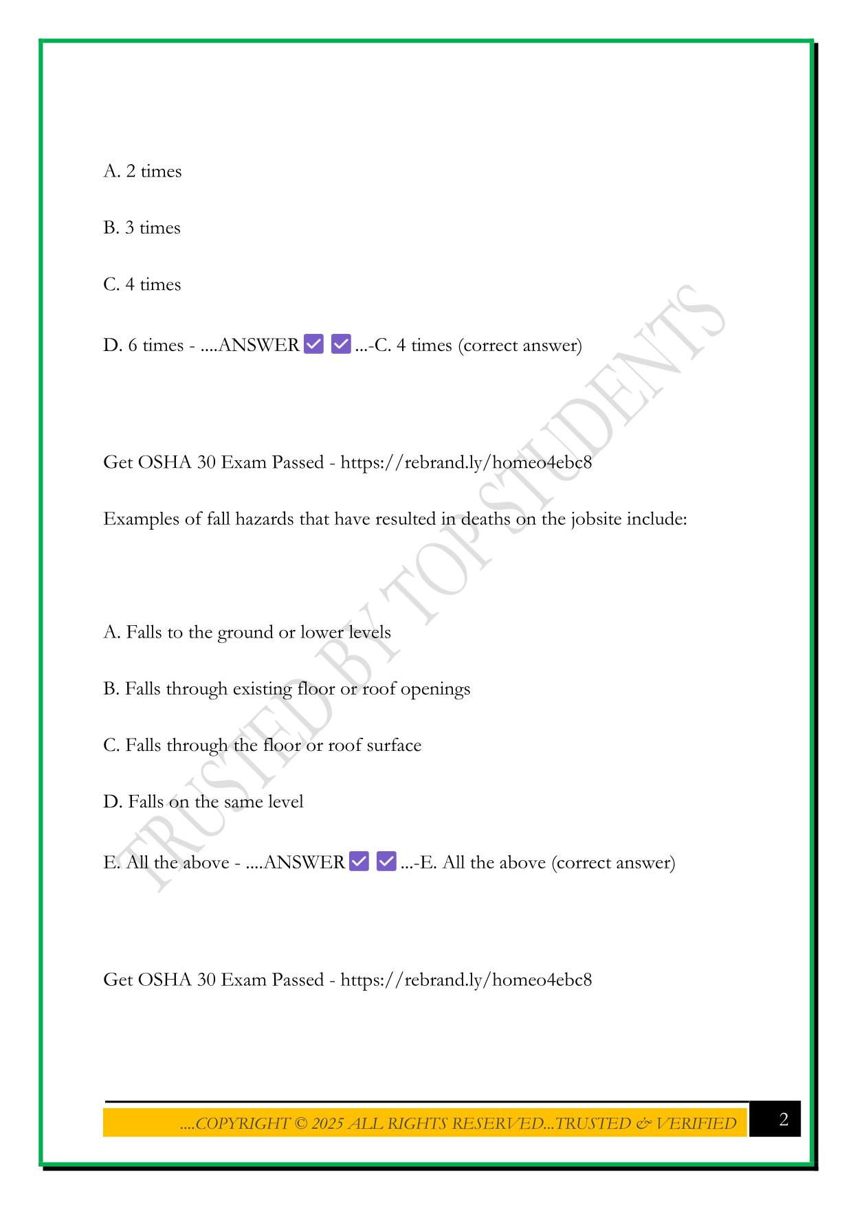 OSHA 30 CONSTRUCTION TEST 2025 ANSWER KEY FALL HAZARDS