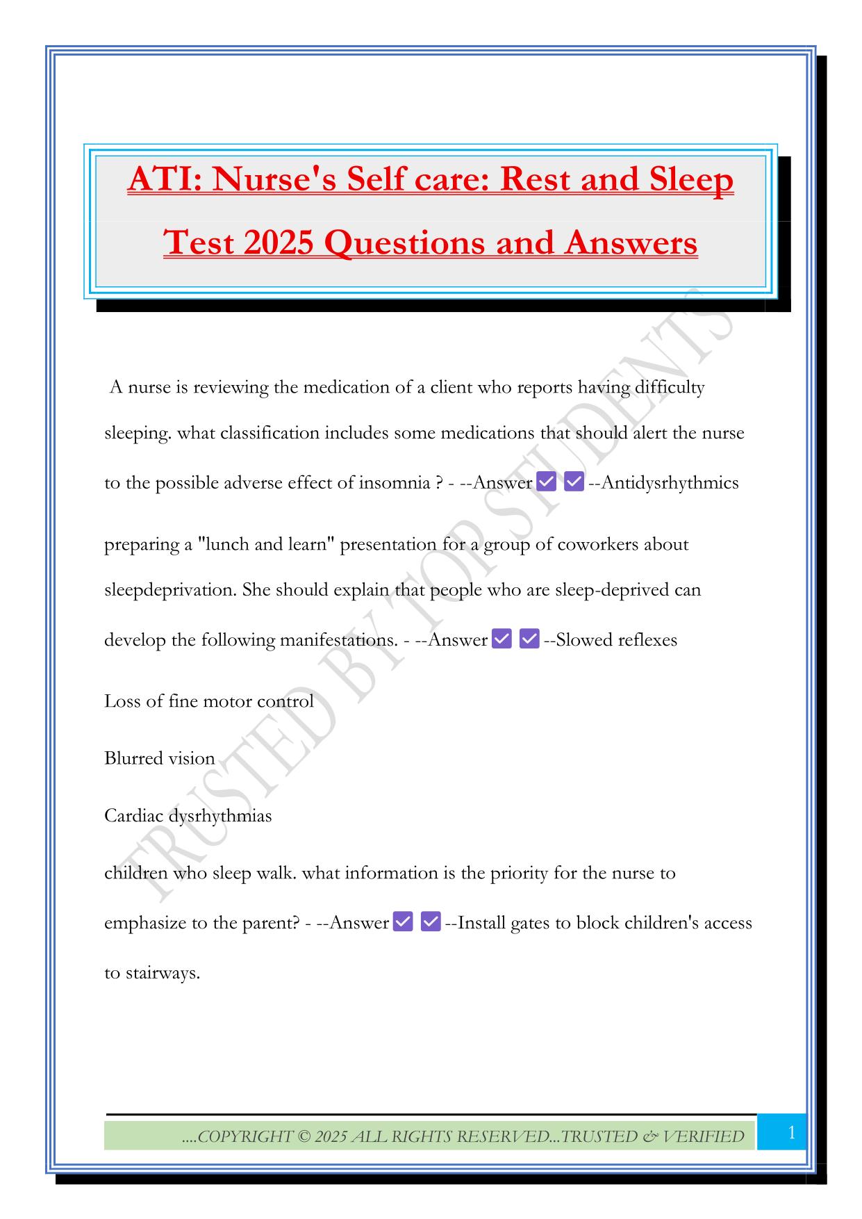 ATI: Nurse's Self care: Rest and Sleep Test 2025 Questions and Answers
