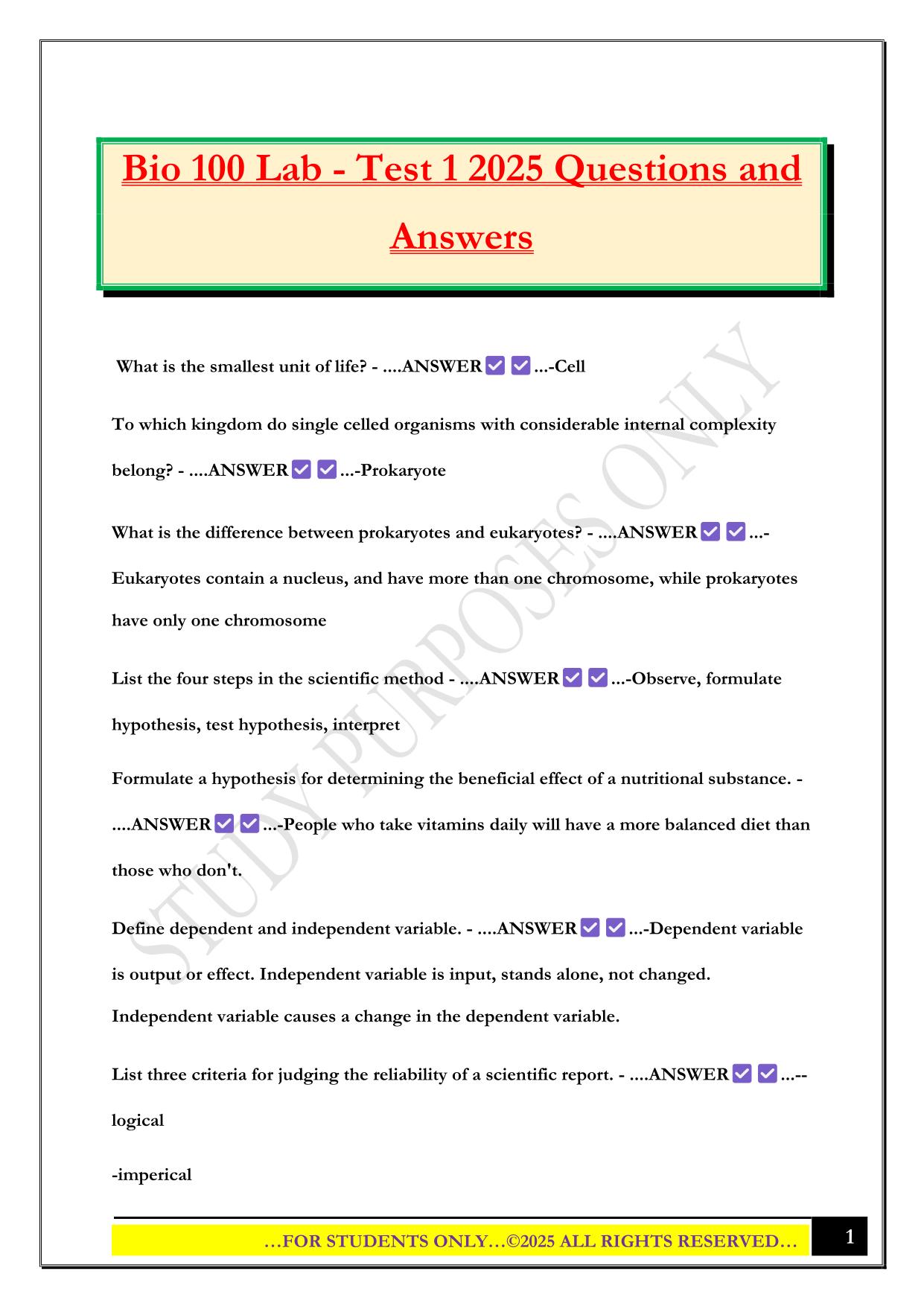 Bio 100 Lab - Test 1 2025 Questions and Answers