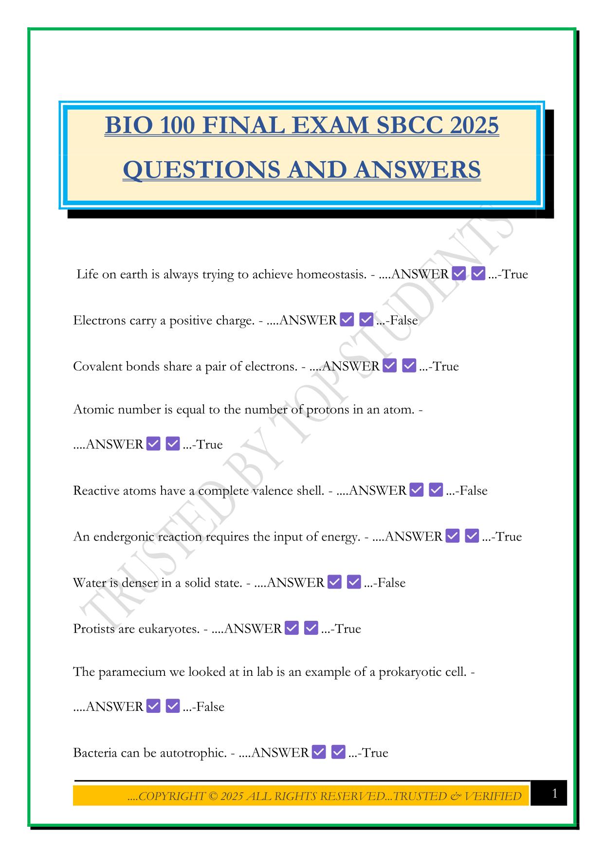 BIO 100 FINAL EXAM SBCC 2025 QUESTIONS AND ANSWERS