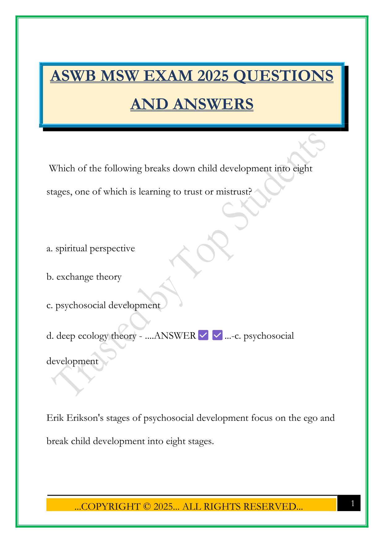 ASWB MSW EXAM 2025 QUESTIONS AND ANSWERS