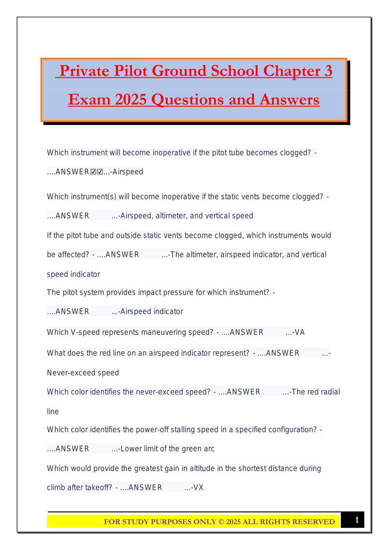 Private Pilot Ground School Chapter 3 Exam 2025 Questions and Answers