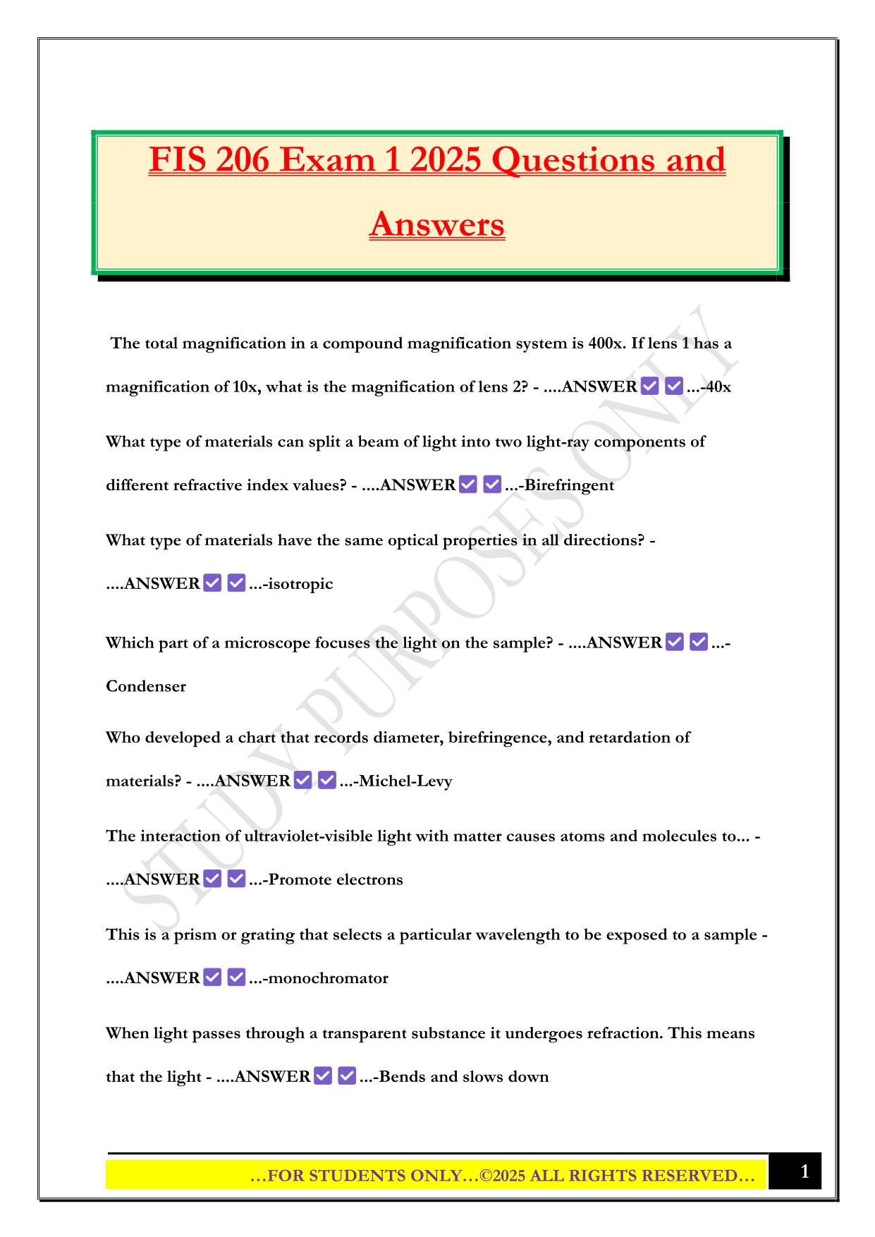 FIS 206 Exam 1 2025 Questions and Answers