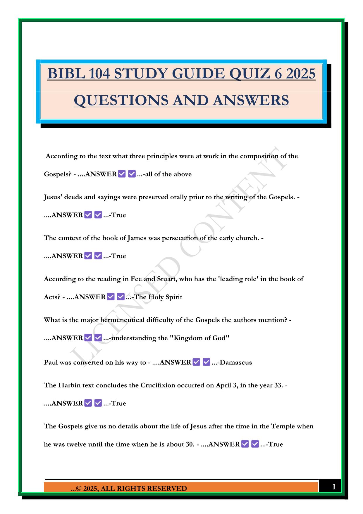 BIBL 104 STUDY GUIDE QUIZ 6 2025 QUESTIONS AND ANSWERS