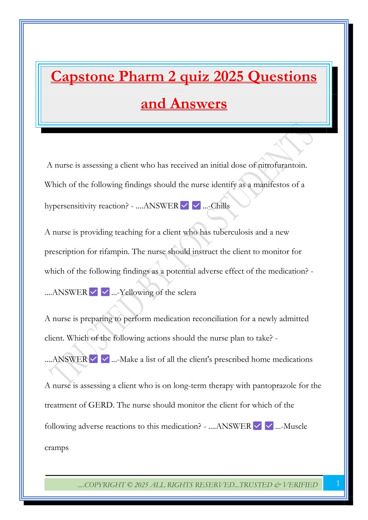 Capstone Pharm 2 quiz 2025 Questions and Answers