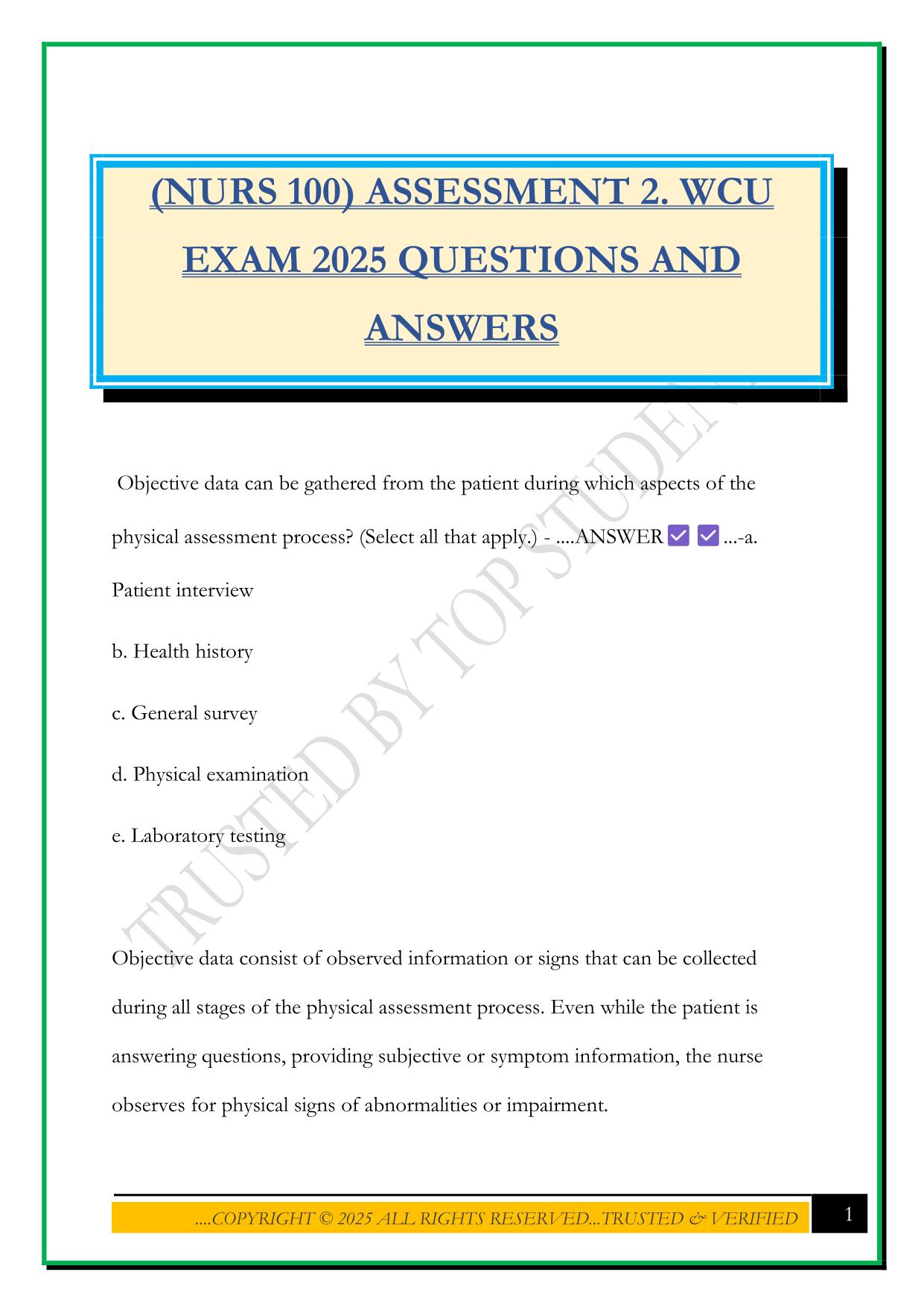 (NURS 100) ASSESSMENT 2. WCU EXAM 2025 QUESTIONS AND ANSWERS