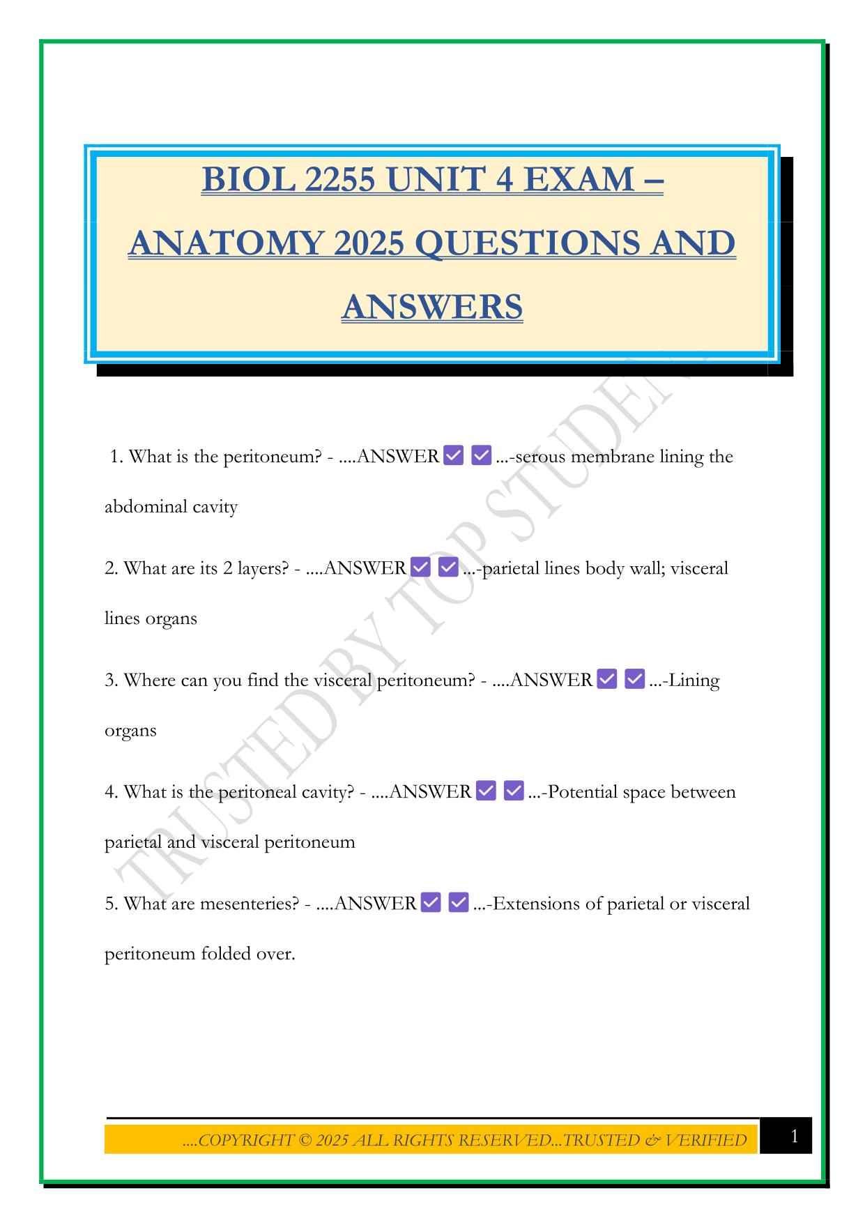 BIOL 2255 UNIT 4 EXAM – ANATOMY 2025 QUESTIONS AND ANSWERS