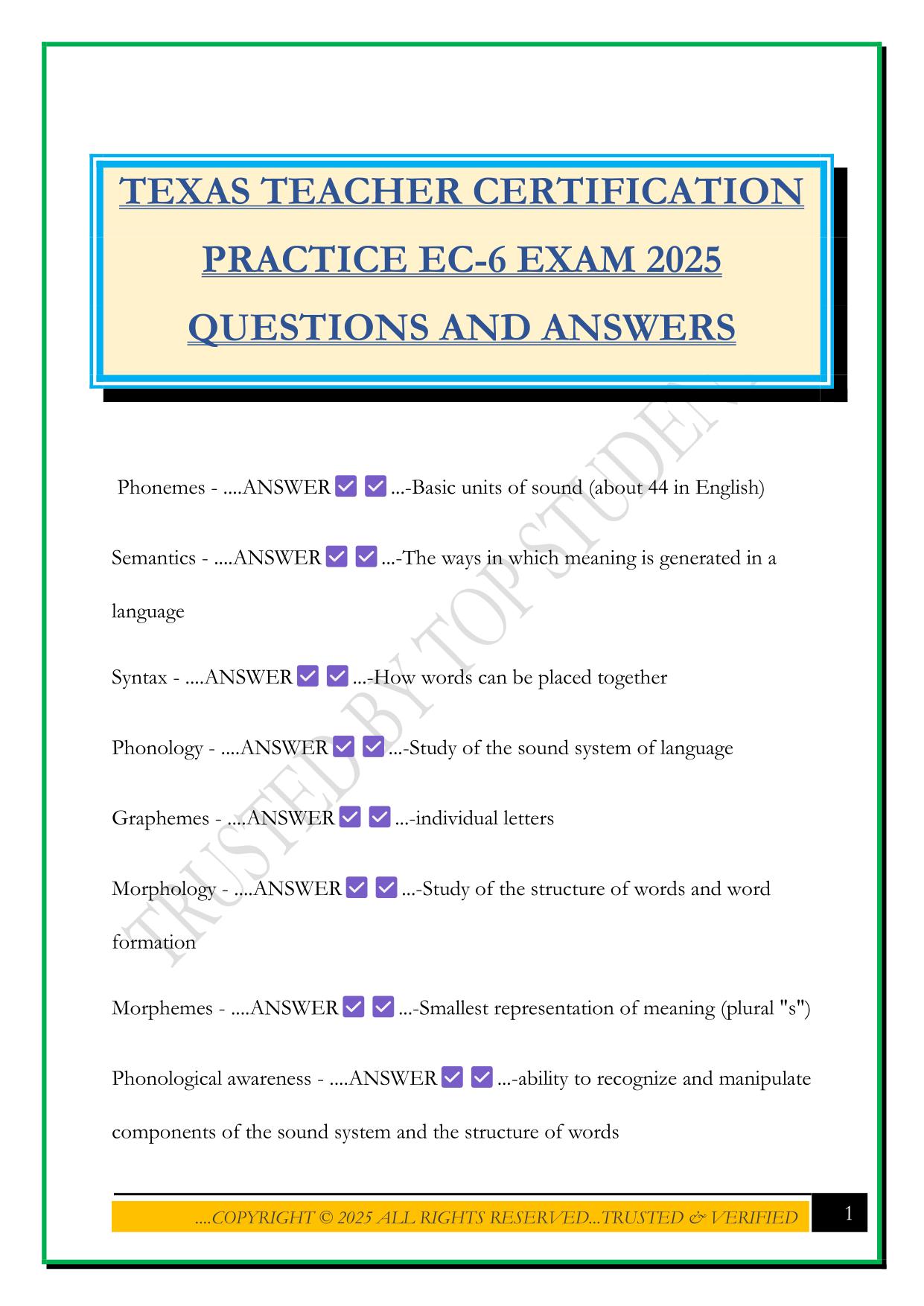 TEXAS TEACHER CERTIFICATION PRACTICE EC-6 EXAM 2025 QUESTIONS AND ANSWERS