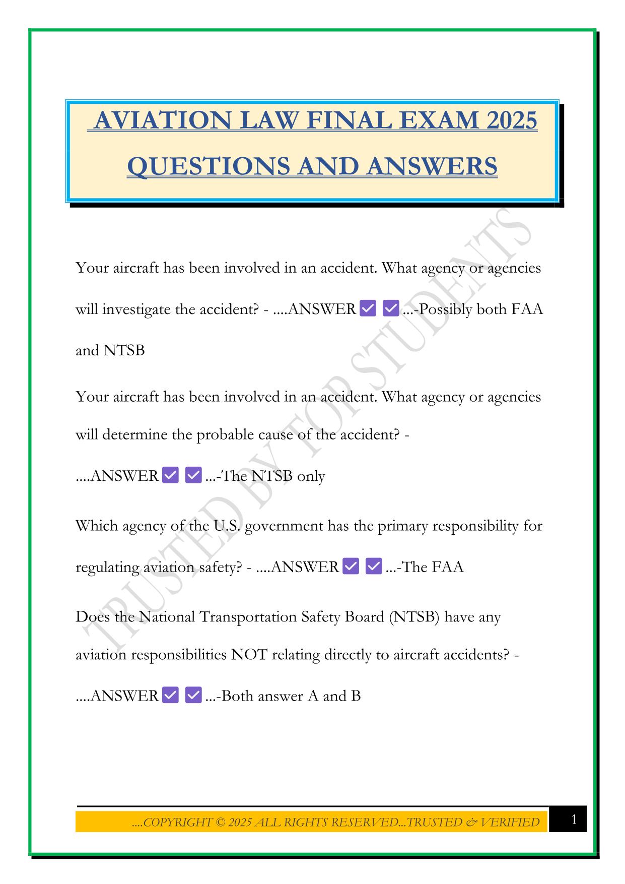 AVIATION LAW FINAL EXAM 2025 QUESTIONS AND ANSWERS