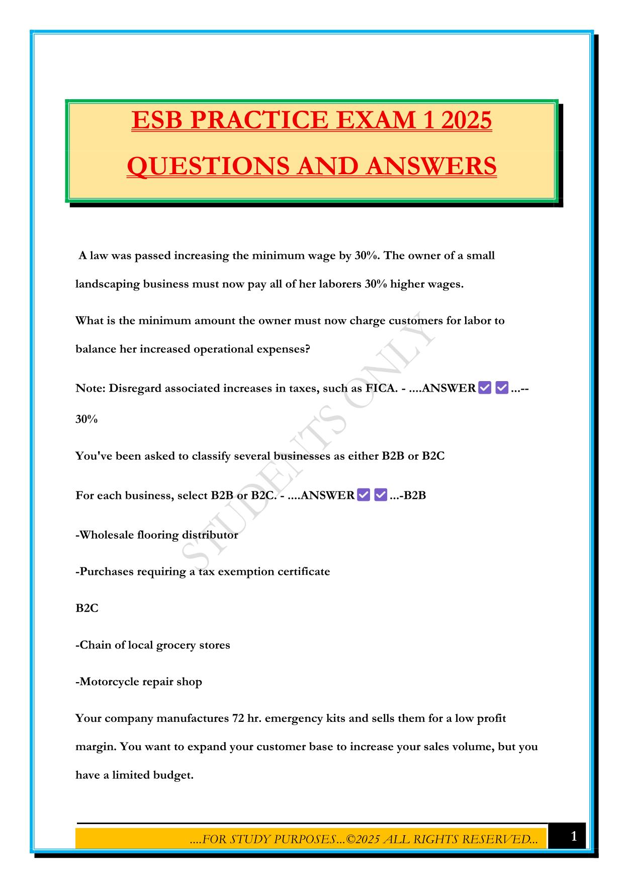 ESB PRACTICE EXAM 1 2025 QUESTIONS AND ANSWERS