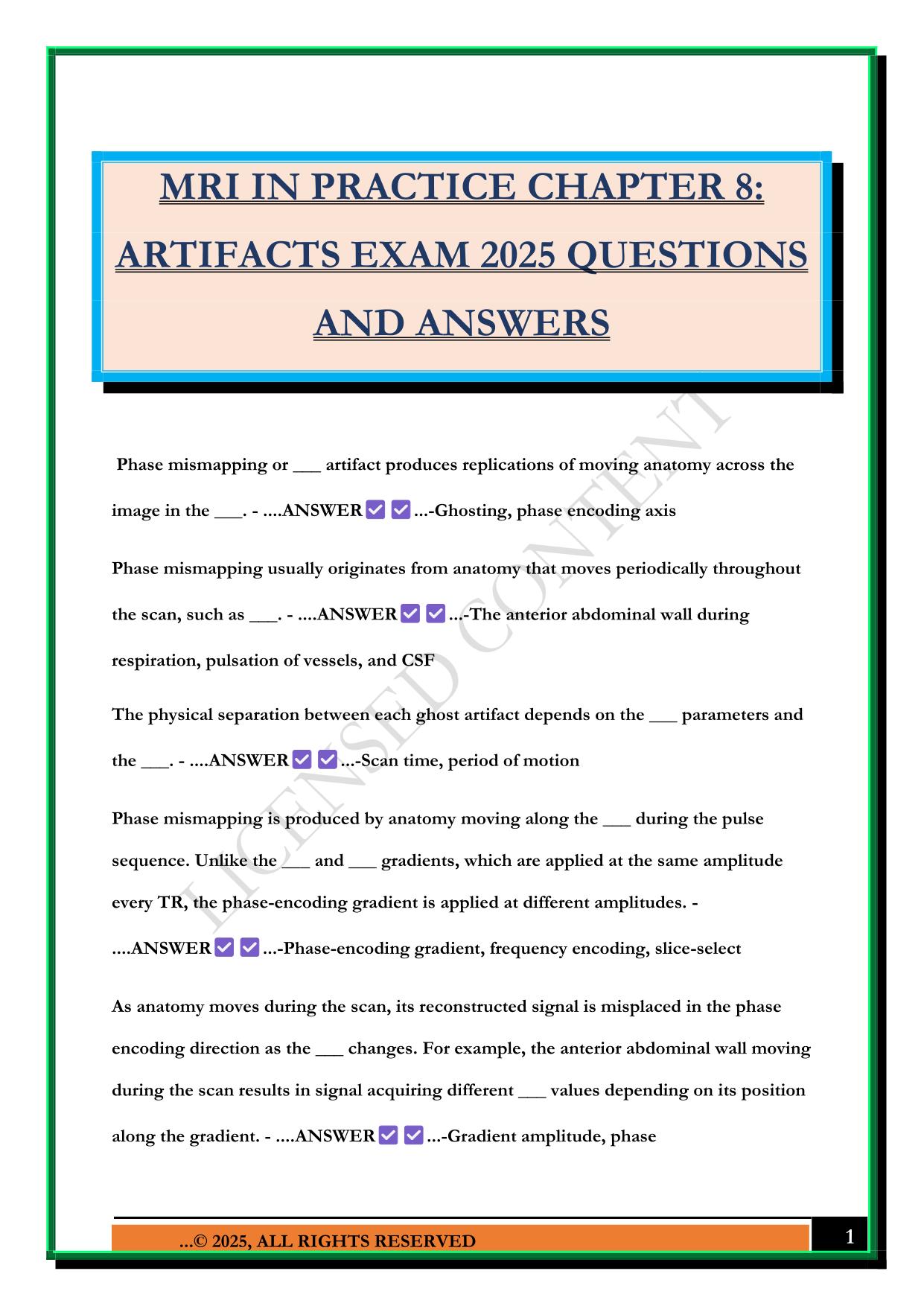 MRI IN PRACTICE CHAPTER 8: ARTIFACTS EXAM 2025 QUESTIONS AND ANSWERS