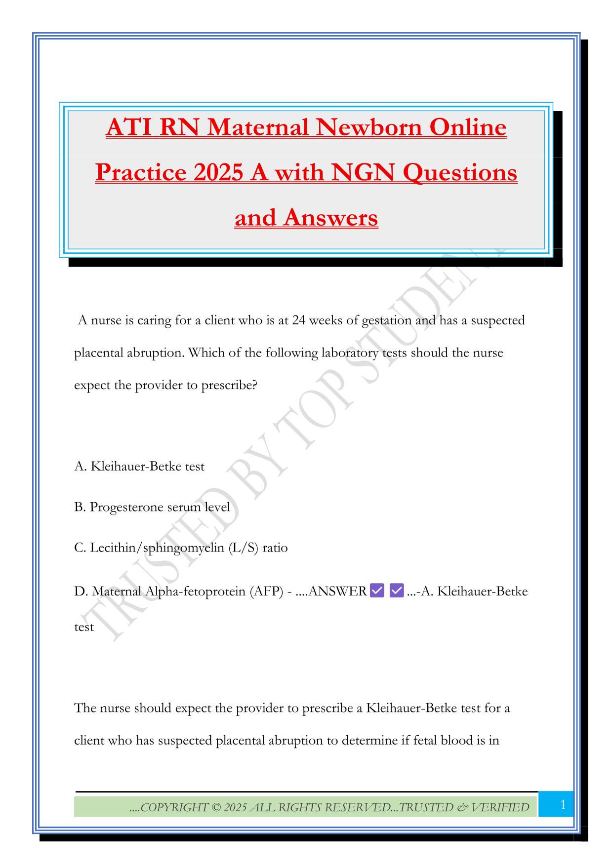 ATI RN Maternal Newborn Online Practice 2025 A with NGN Questions and Answers