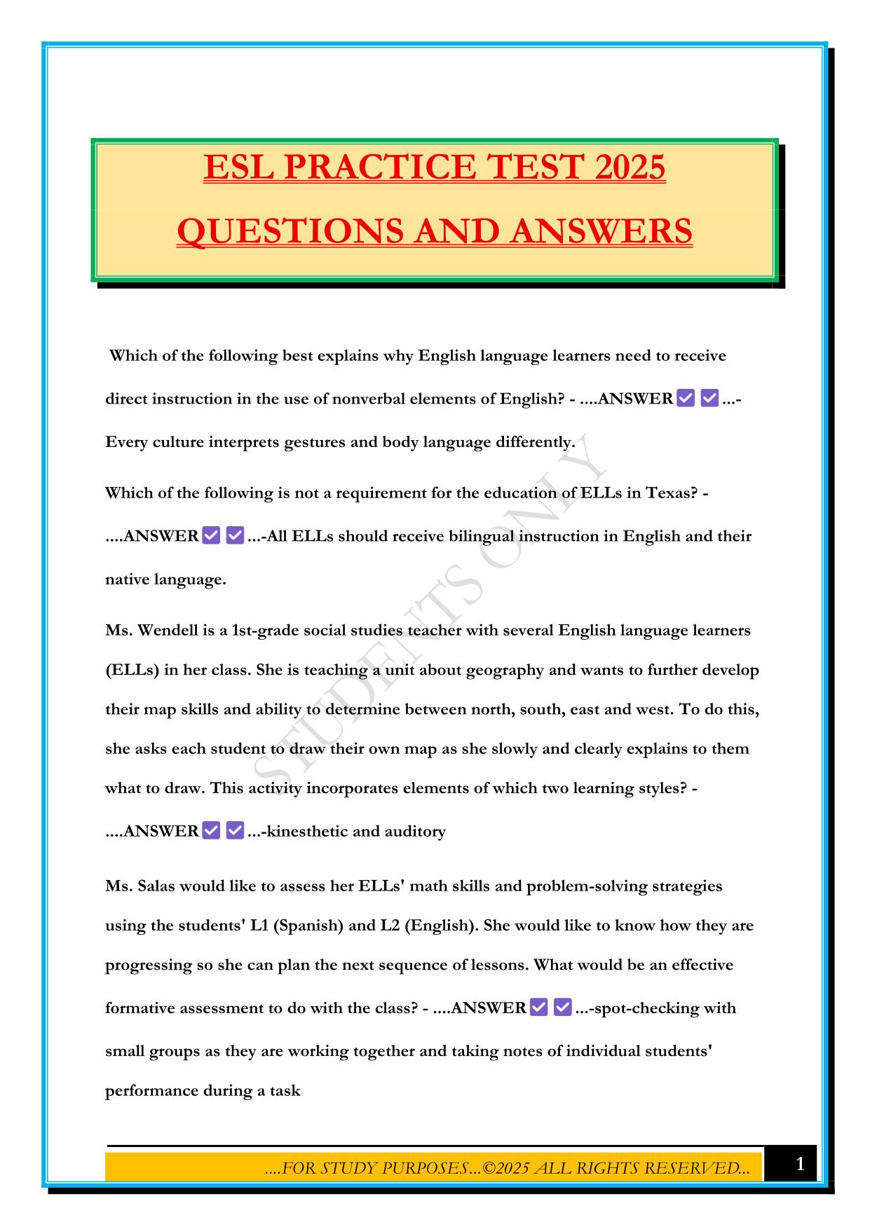 ESL PRACTICE TEST 2025 QUESTIONS AND ANSWERS